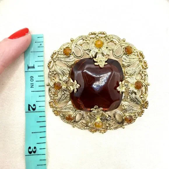 VTG Florenza Stamped Gold Large Amber Faceted Stone Etruscan Revival Brooch - Picture 13 of 14